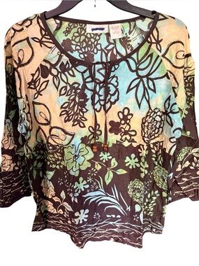 Brown Floral Peasant Blouse with Aqua & Mint Accents Sz.S